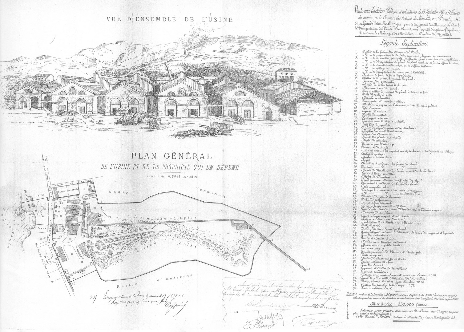 Plans historiques : vue d'ensemble de l'usine et plan général